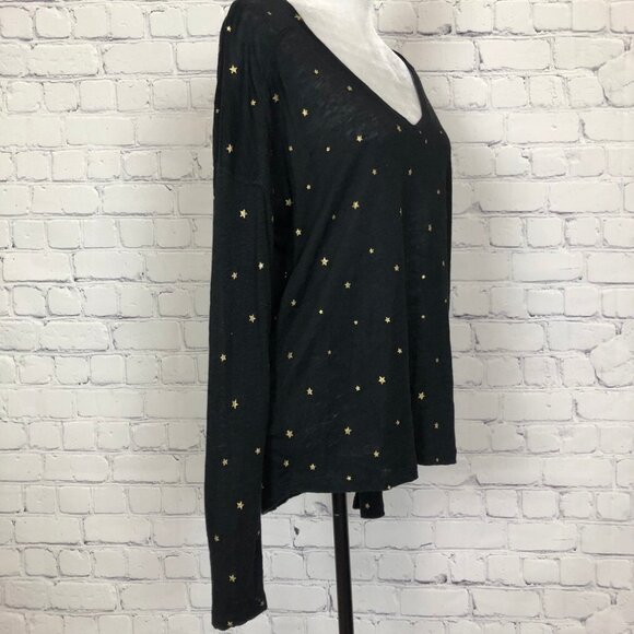 Rails Sami Black Gold Foil Star Long Sleeve Tee Size M Linen Blend - Picture 2 of 8